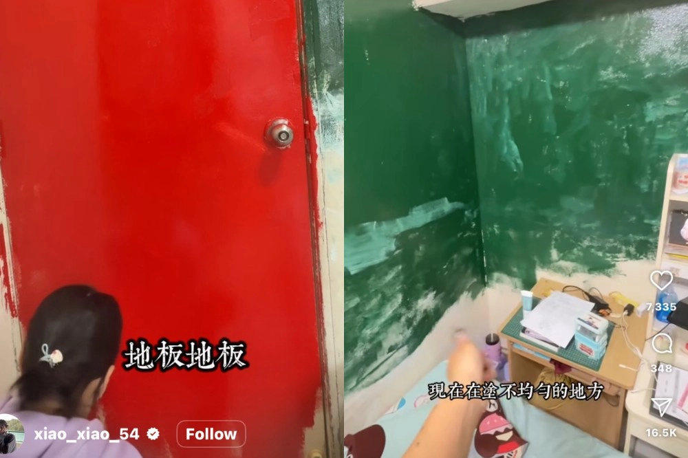 范婉晴將房間牆面漆成綠色、門漆成紅色的影片，引起網友關注。（翻攝畫面）