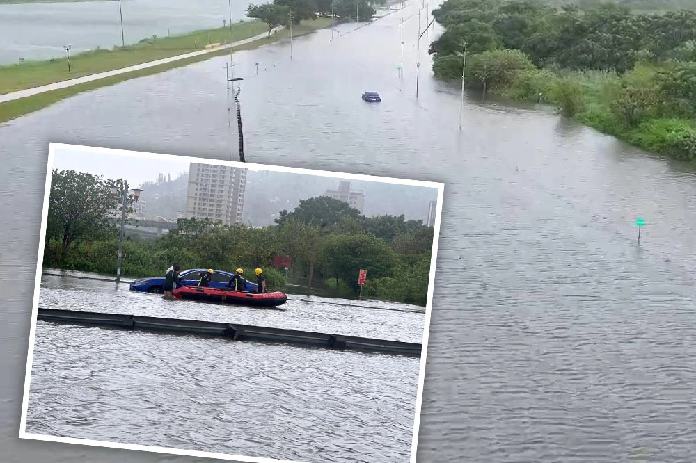 汪洋中的一輛車!小客車受困疏洪道好無助 2人1犬平安獲救 -- 上報