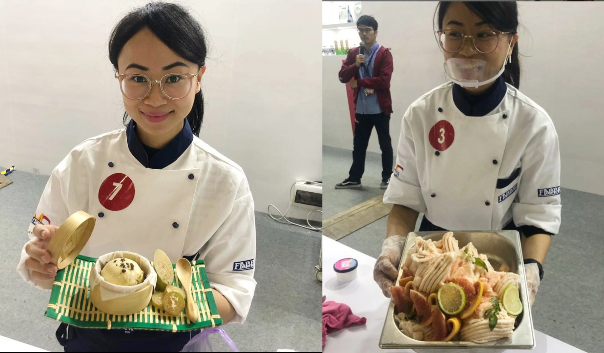 山風藍參加「上海國際手工冰淇淋大師賽」時，初賽口味以台灣黑糖搭配法國鹽之花（左），決賽口味則以柚子、香檳搭配跳跳糖。