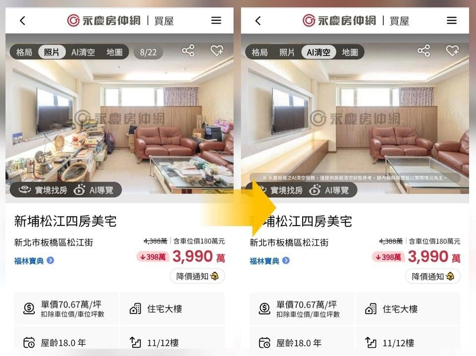 永慶房屋「AI清空」，讓消費者輕鬆掌握房屋原始模樣。（永慶房產集團提供）