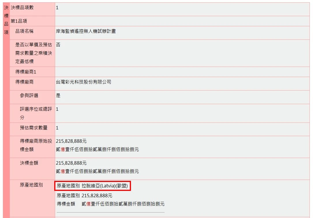 在彩光的決標公告中，原產地國別竟標明是拉脫維亞。（擷取自政府採購網）
