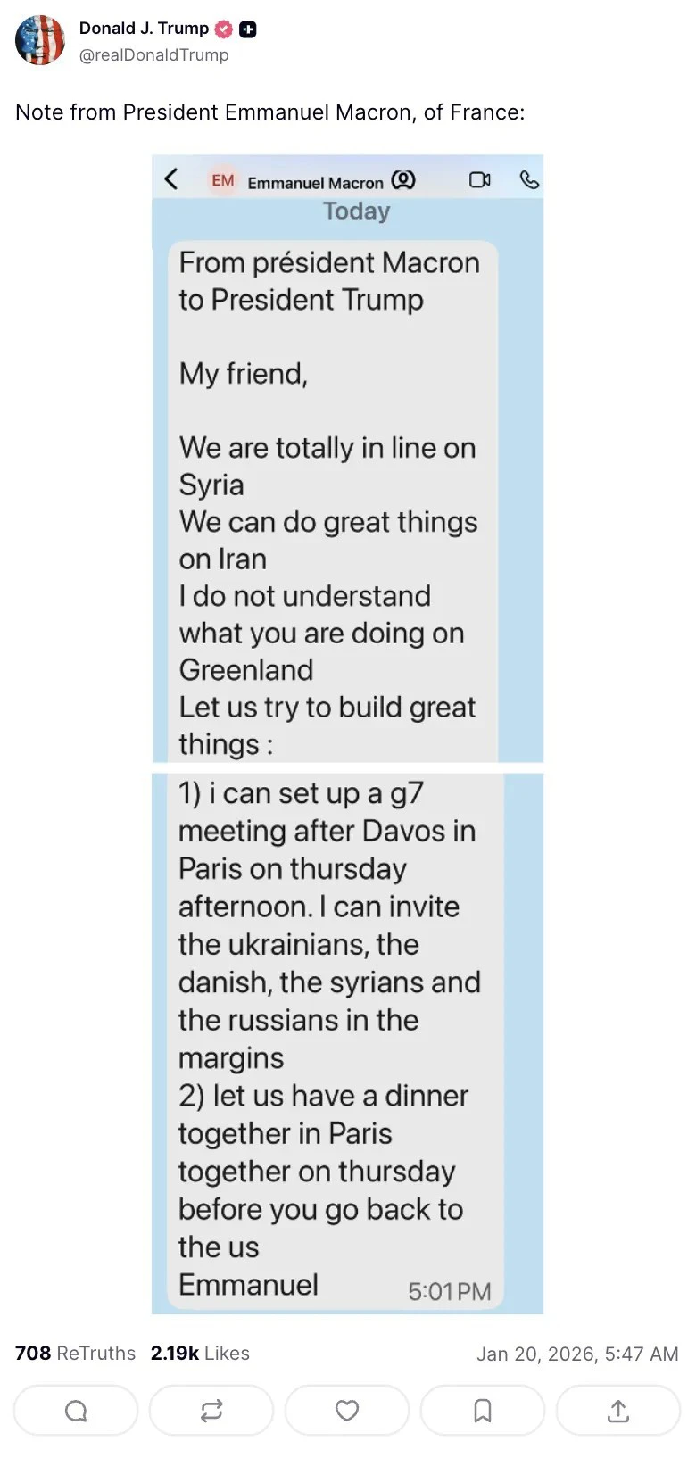 川普在真實社群曝光馬克宏傳來的訊息。（取自川普真實社群）
