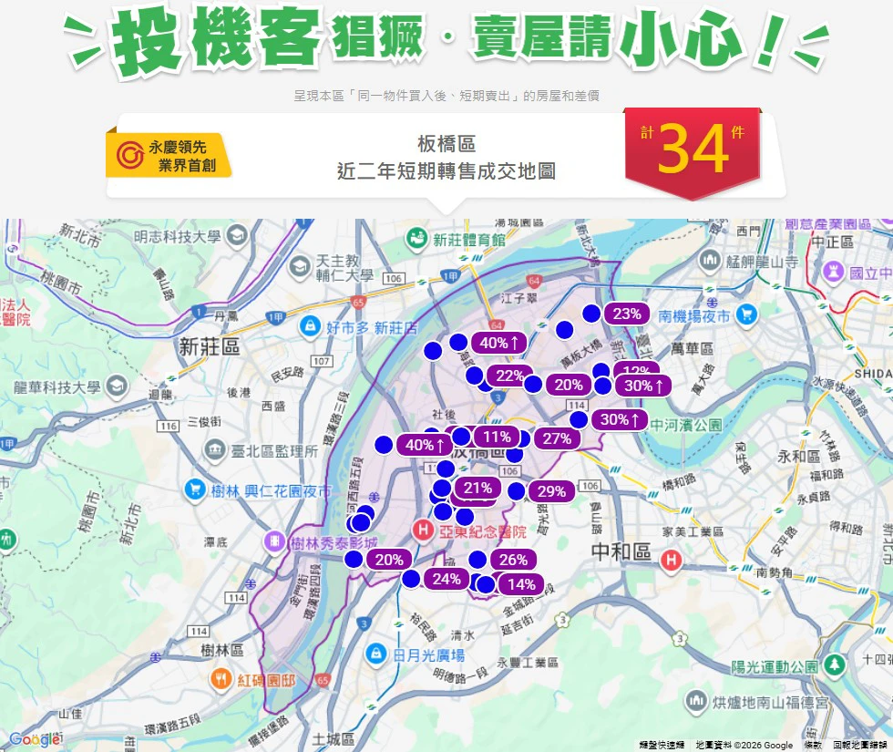 永慶房屋「短期轉售成交地圖」能夠揭露房市短期交易件數和價差。（永慶房產集團提供）