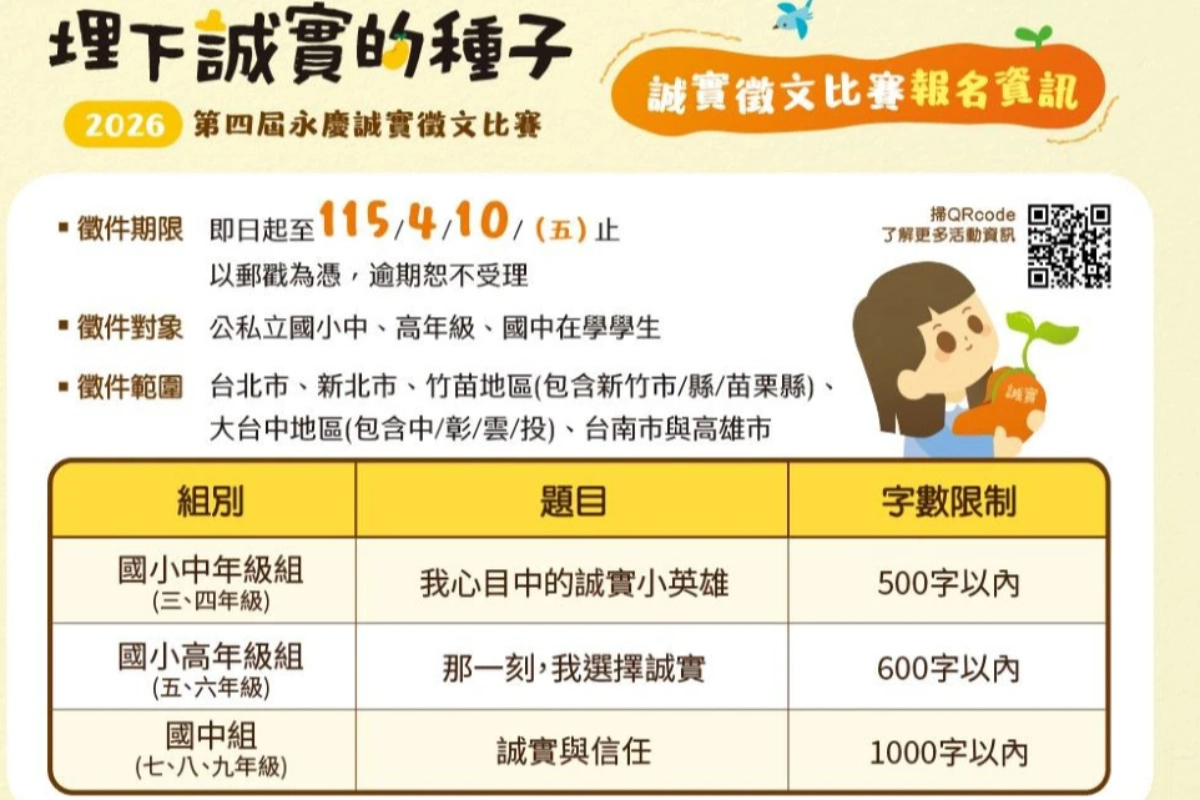 2026年永慶誠實徵文比賽報名資訊。（永慶房產集團提供）