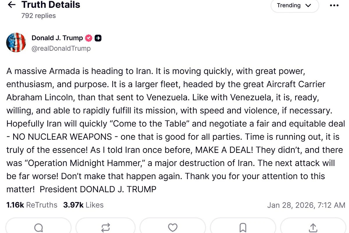川普28日清晨發文，威脅伊朗「盡快回到談判桌上」，否則「下一波攻擊剛會更嚴重」。（取自川普「真實社群」帳號）