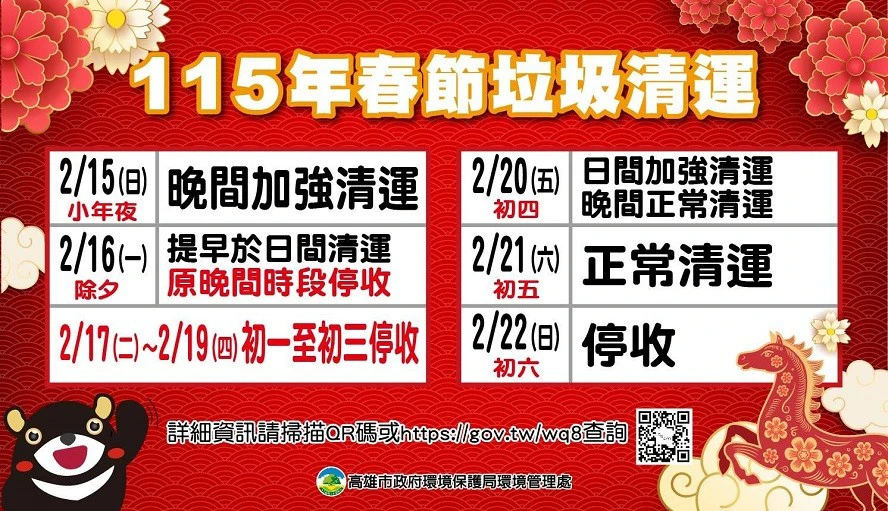高雄市春節垃圾清運時間。(高雄市政府環保局提供)