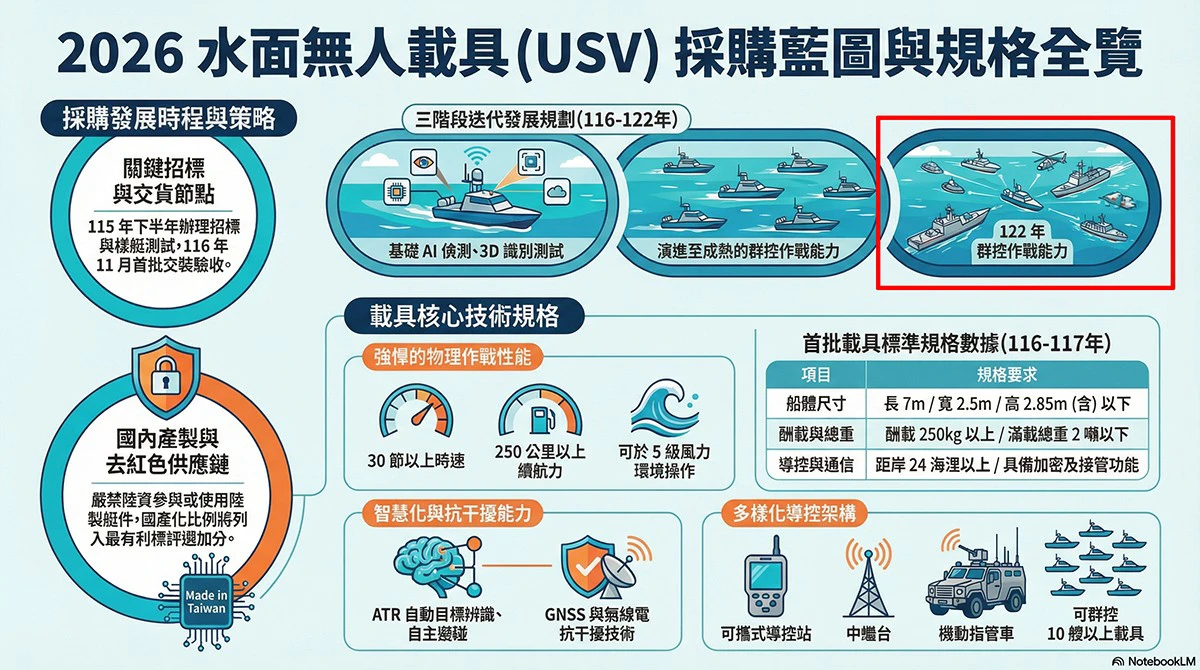 無人艇的採購規格與計劃藍圖。本圖為AI生成製作,圖說仍有錯誤,紅框者預計第一階段完成。(海軍提供