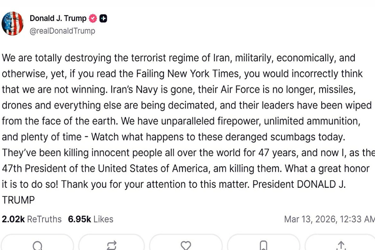 川普透過社群平台發文，稱剷除伊朗神權統治是「莫大的榮幸」。（截自川普真實社群帳號）