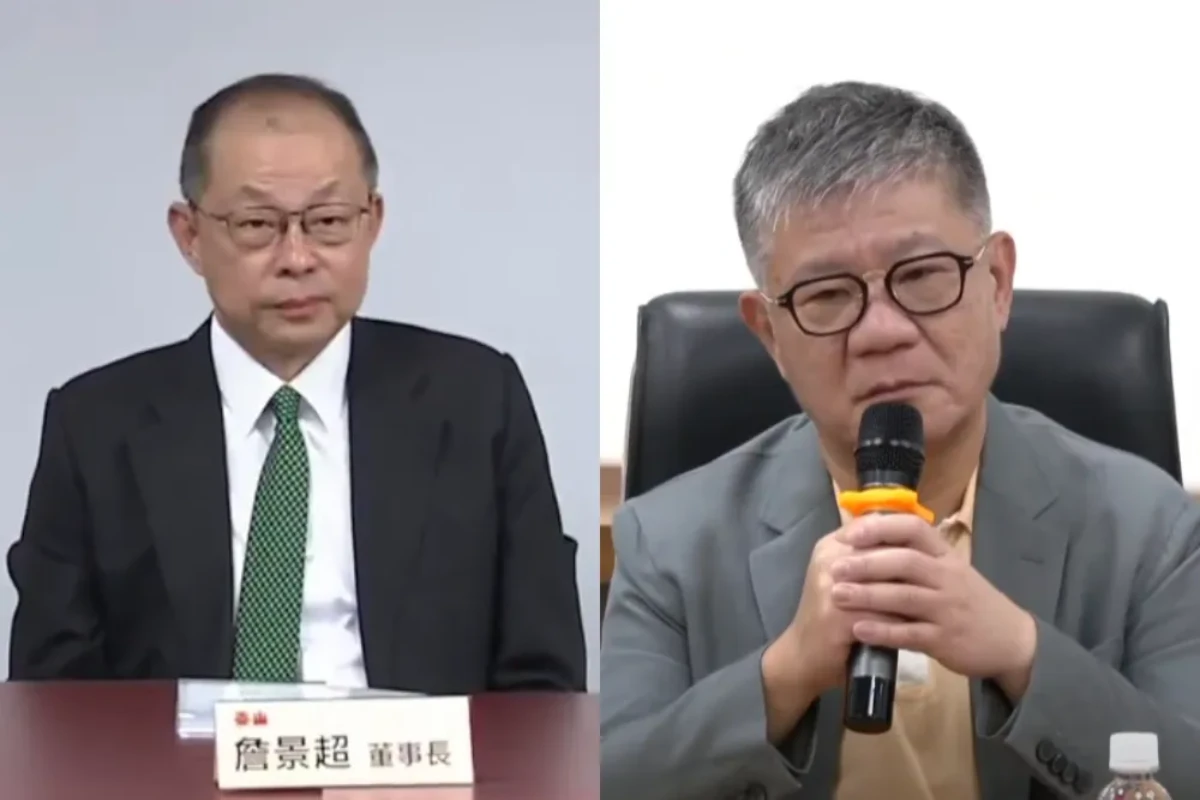 詹景超（左）在失勢前突襲董事會，火速通過數個「毒藥丸」投資案，目的是讓新董事長劉偉龍（右）接手一座空城。（合成照片／翻攝畫面）