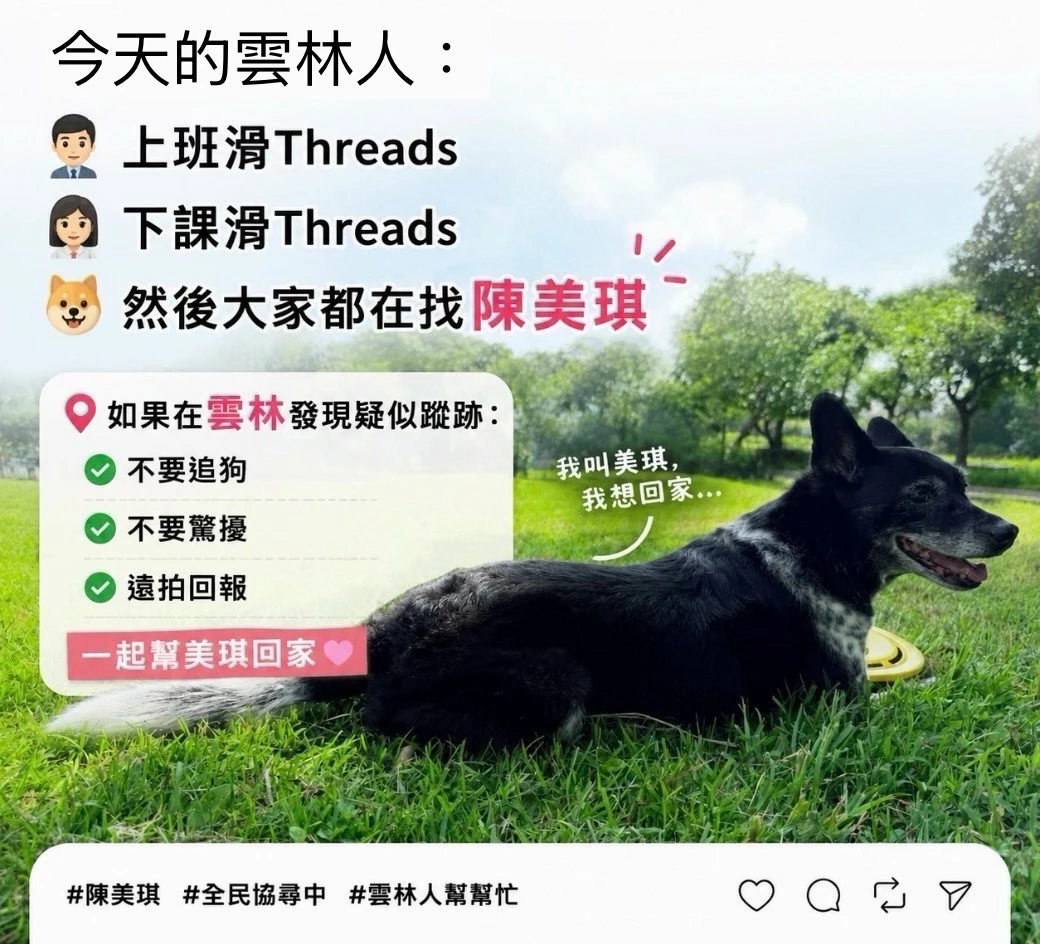 雲林縣政府勞青處25日貼文協尋陳美琪圖卡。（擷取自雲林縣政府勞青處臉書）