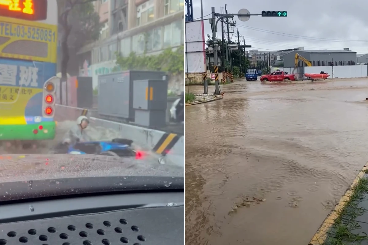 新竹暴雨道路成「激流」　機車騎士連人帶車被沖走