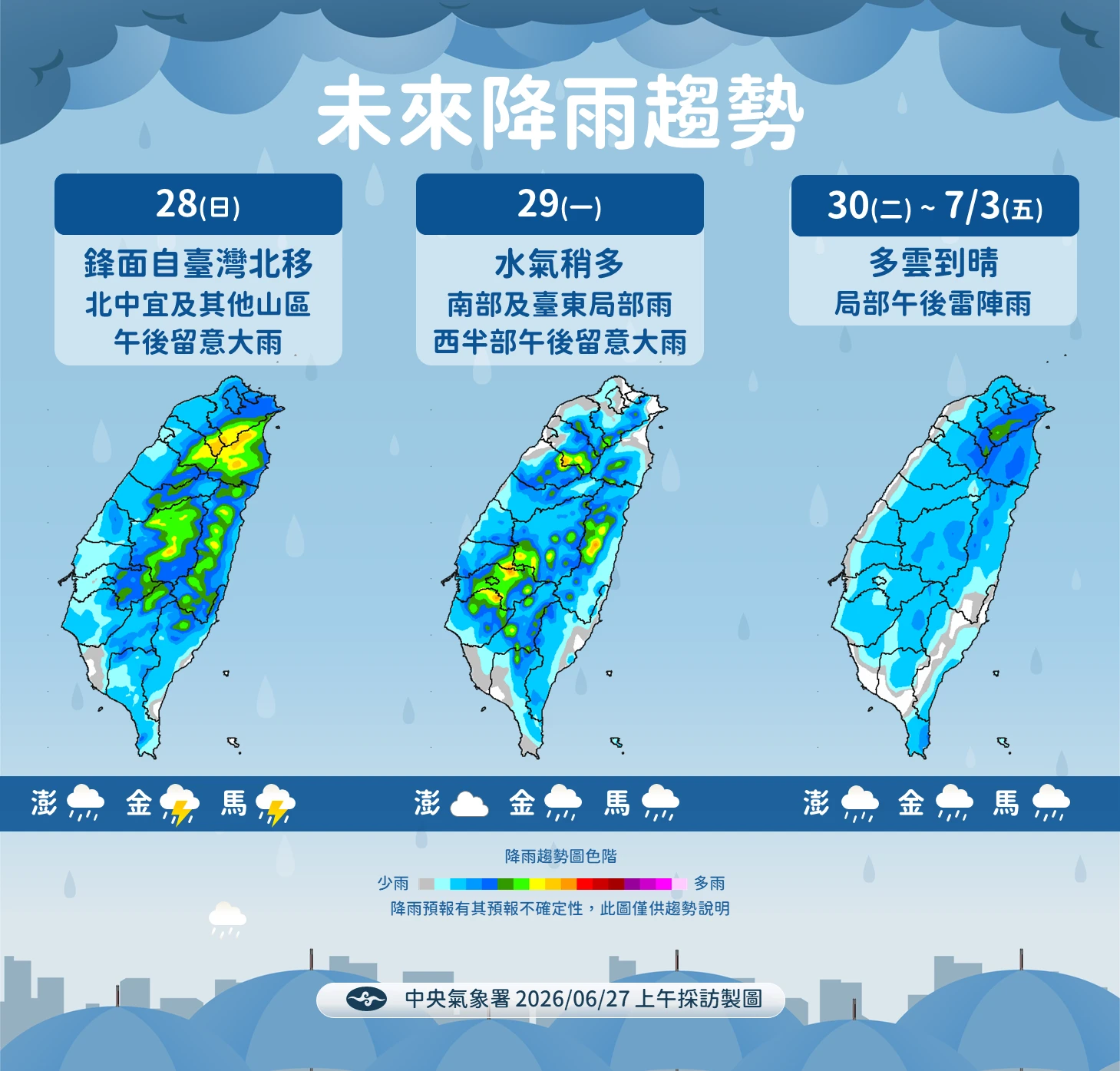 【一週天氣】氣象署發「16縣市」豪雨特報至今晚　下週2熱帶擾動發展中