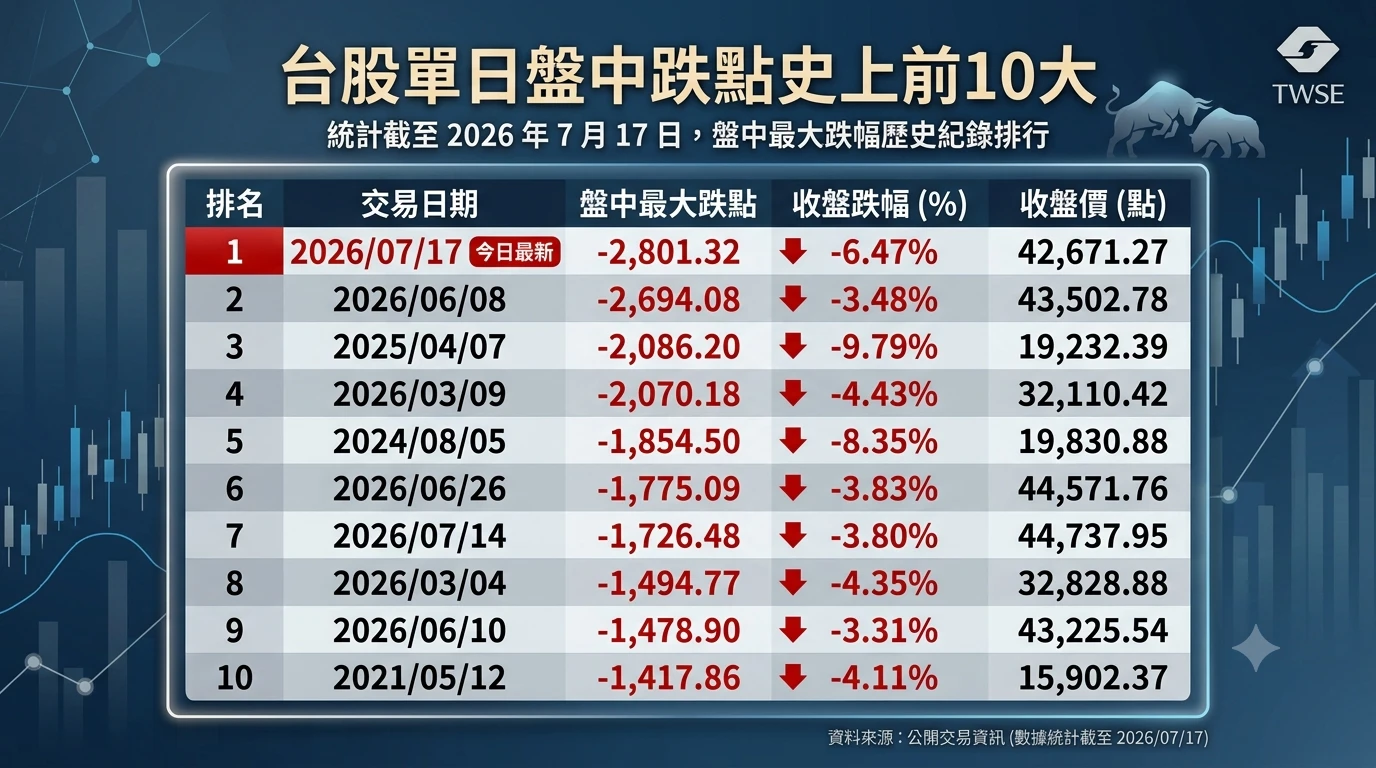 台股盤中最大跌點紀錄。(AI協製)