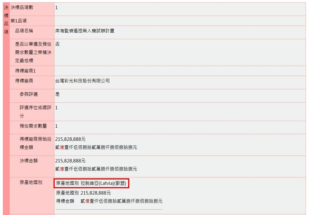 在彩光的決標公告中,「原產地國別」竟標明是拉脫維亞。(取自政府採購網)