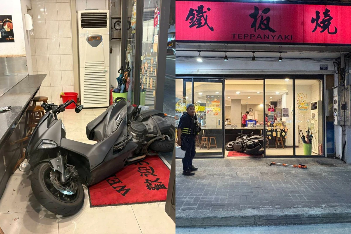 無照騎車突失控！台中23歲男自稱「整天沒吃飯」　竟一頭撞進鐵板燒