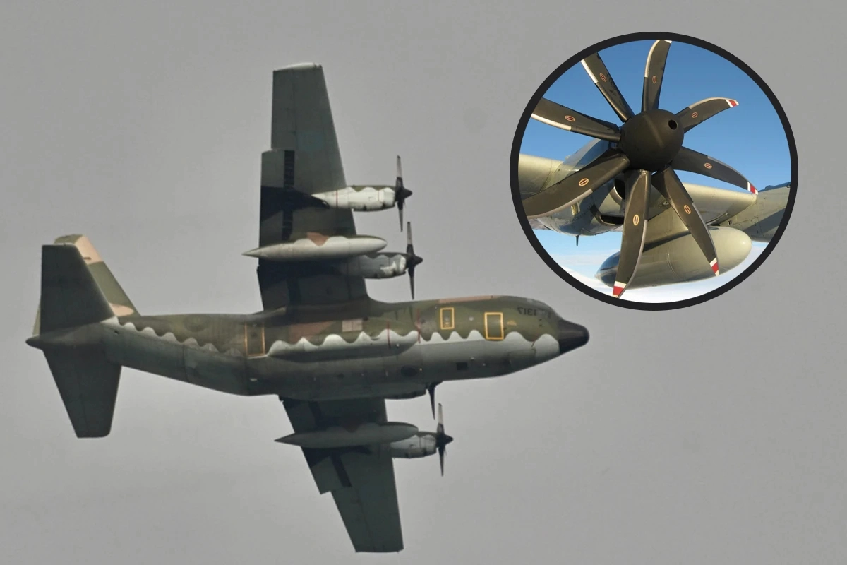 空軍也規劃10架現役C-130H運輸機進行四葉螺旋槳,更新為NP2000八葉螺旋槳。(合成照片/張哲偉攝、取自Collins Aerospace網站)