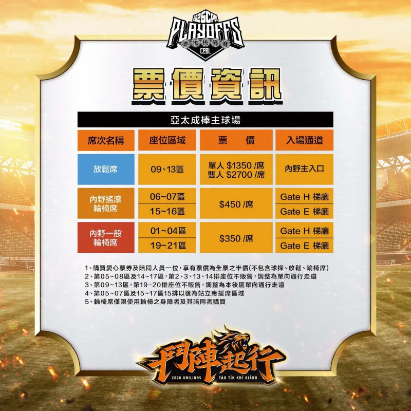 統一獅主場售票資訊。(統一獅球團提供)
