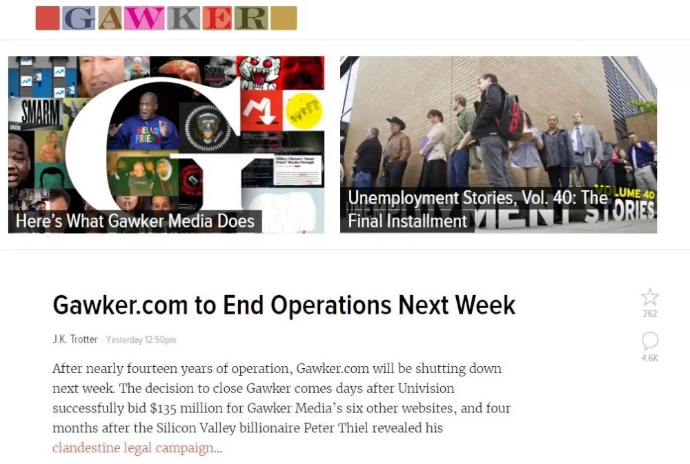高克傳媒破產出售　八卦部落格「Gawker.com」下周熄燈