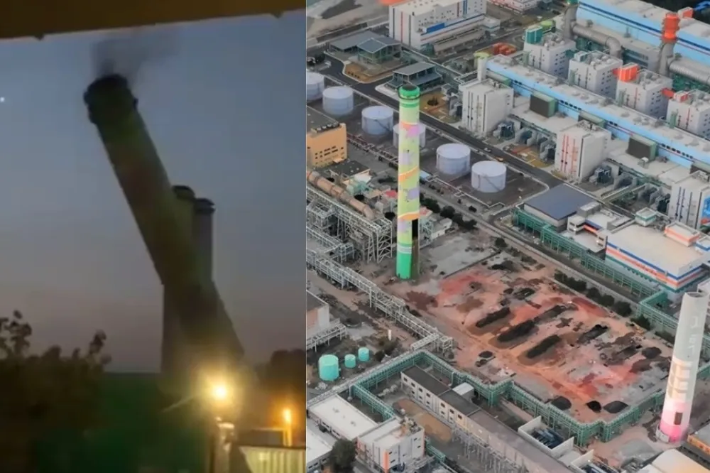 【直擊片】轟！如120米巨樹倒地　通霄電廠36年地標煙囪退休了