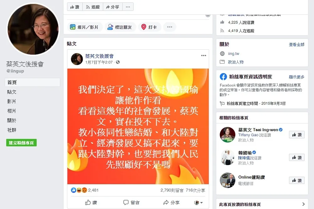 挺蔡粉專選前倒戈　上千網友灌爆留言：一看就知道是「憨粉」