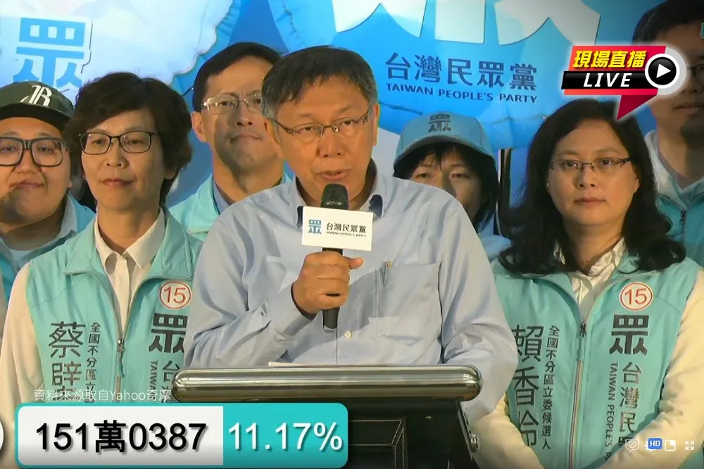 【直播】民眾黨跨越政黨票5%門檻　 柯文哲：感謝民眾感謝台灣