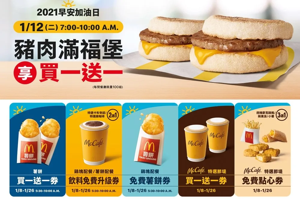 限量早餐優惠！麥當勞 1/8~1/10「早安優惠券」大放送　加碼 1/12 豬肉滿福堡買一送一