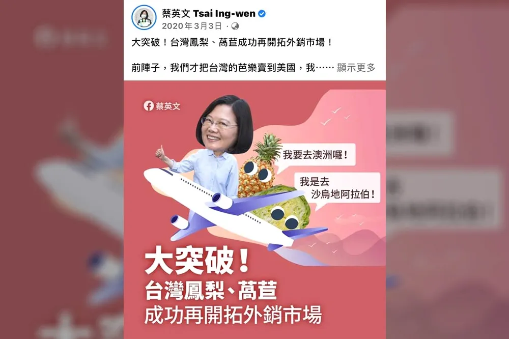 蔡英文外銷鳳梨搞大內宣　遭諷：台灣除了芒果乾，還有鳳梨乾？