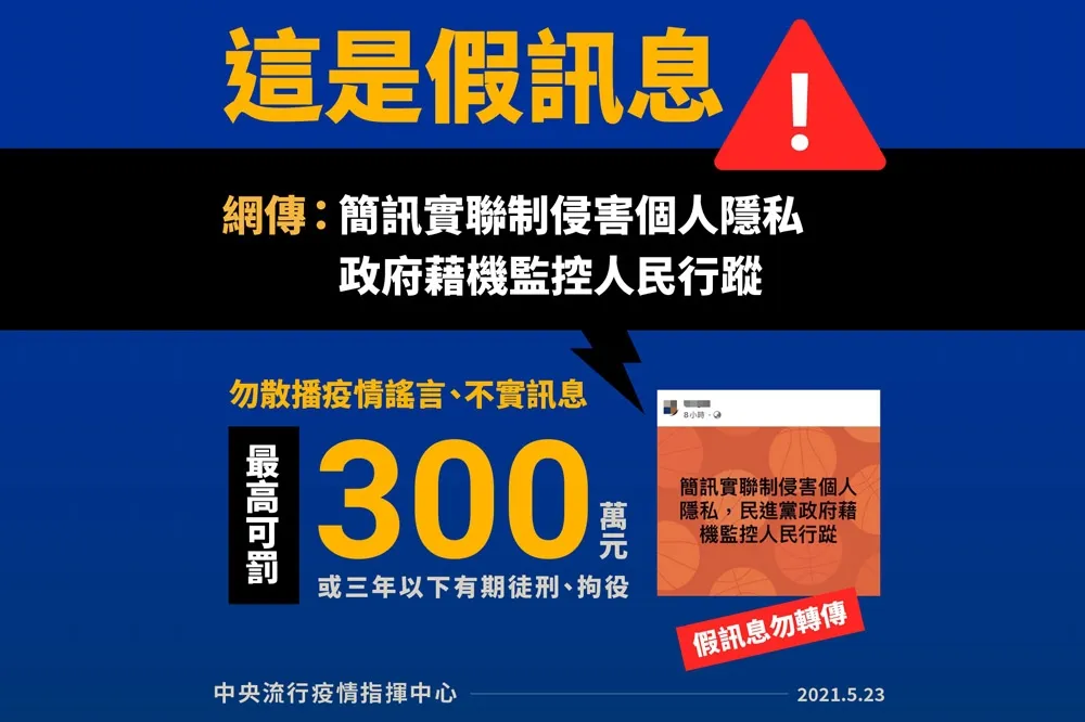 假訊息亂竄！網傳「簡訊實聯制遭政府監控行蹤」　指揮中心澄清：免填個資