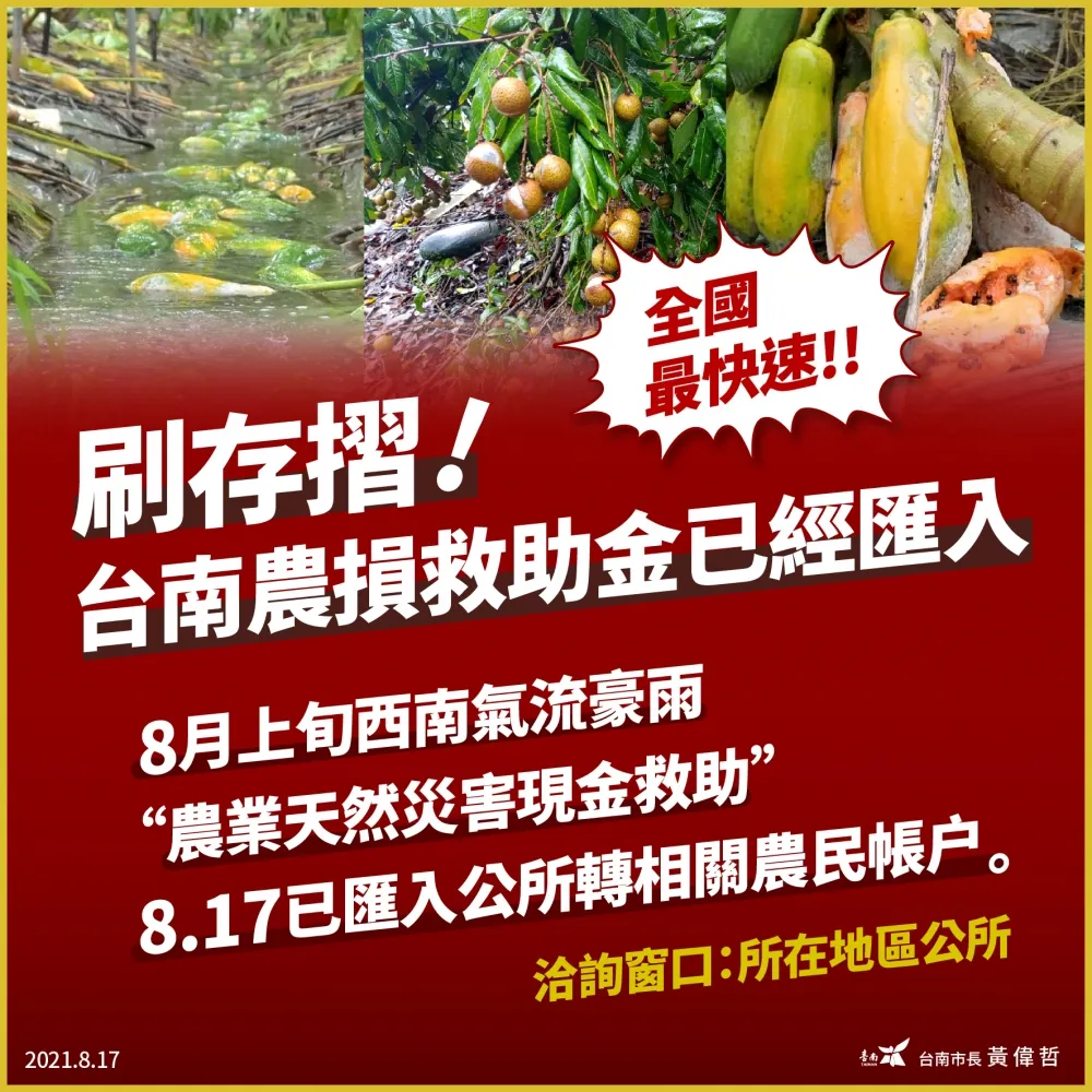 台南首批豪雨農損救助金  黃偉哲全國最快速今17日撥入公所