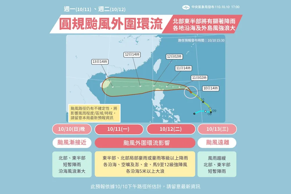 受圓規颱風環流影響　花蓮縣、金門縣、連江縣、桃園市復興區12日停班課