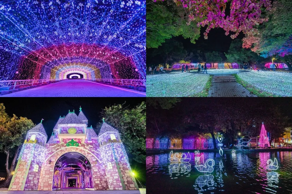 屏東聖誕節下雪了！屏東公園 17 組燈飾、 12 米主燈光秀打造「夢幻城堡村」