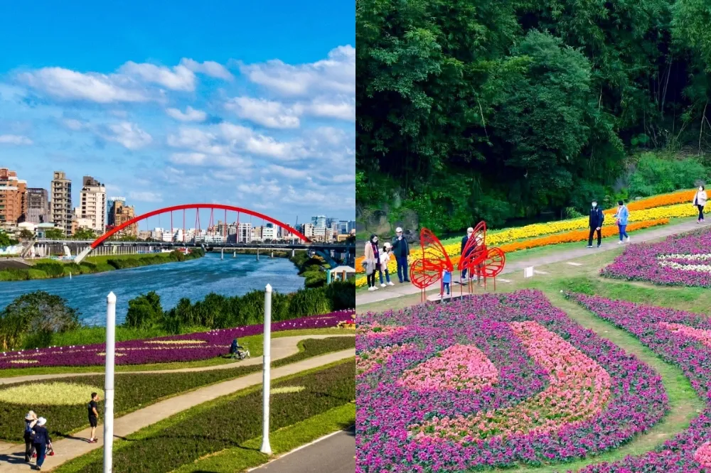 【有片】繽紛花海綻放！成美河濱公園紫粉色草花超浪漫、大溝溪生態治水園區「蝴蝶」圖騰花海亮相