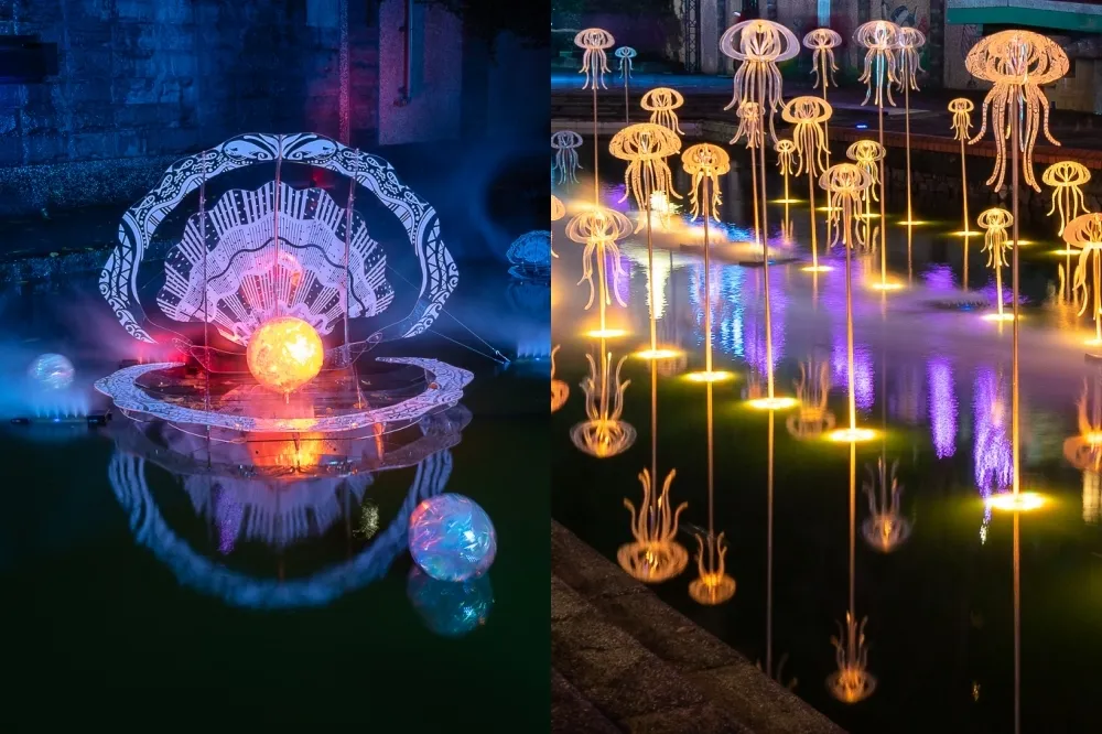 新莊必去夢幻景點！「2022新北鯨彩中港光雕展」開跑　7米高夢幻水舞秀、5米長鯨魚主燈必打卡