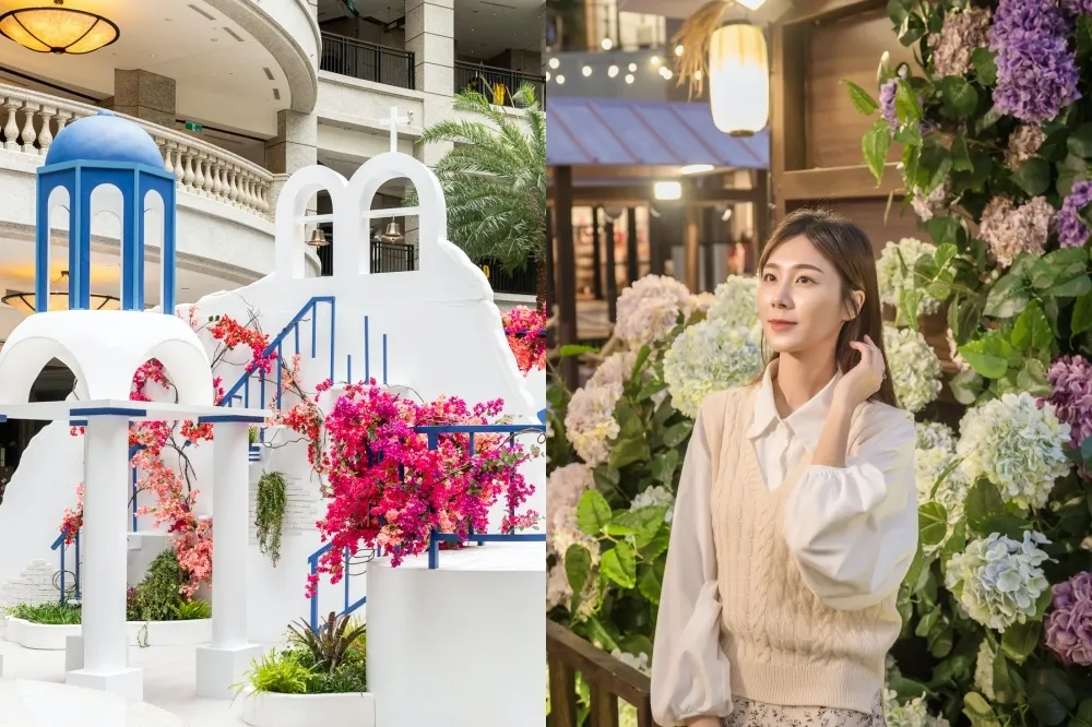 【有片】BELLAVITA 中庭變身「希臘地中海秘密花園」！藍白建築搭粉色九重葛超好拍　全台 5 個偽出國打卡點推薦