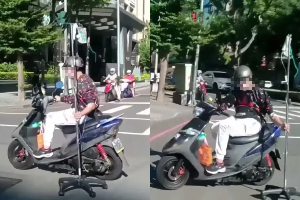 超狂阿北搏命影片曝光　一手騎車一手拖著5輪移動點滴架狂飆
