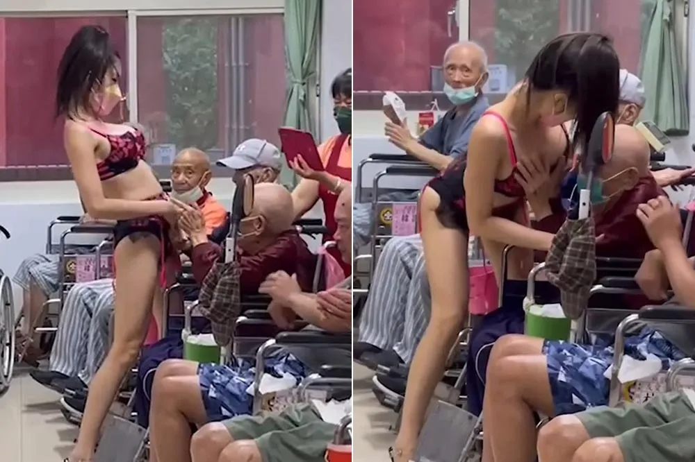 【挑逗片】極樂安養院！爆乳妹穿內衣開腿挑逗　拉阿公手從胸口「一路往下摸」