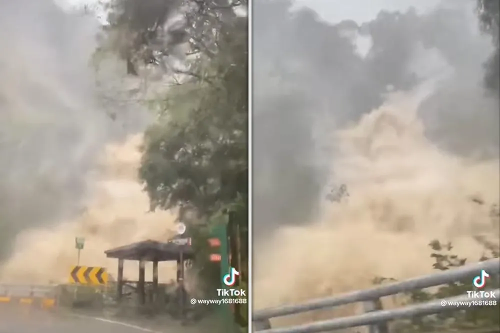驚人影片曝光！烏來五重溪瀑布大爆發　滾滾泥流快吞沒道路