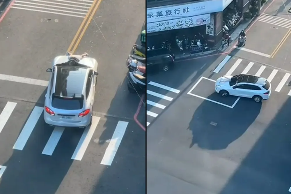 【雜耍片】演電影？男搭表哥便車不成　竟「大字型」趴引擎蓋行駛200公尺