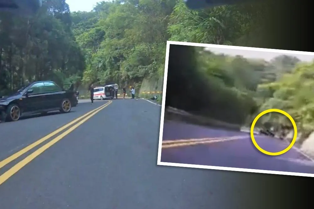 驚悚一瞬間！縣道136髮夾彎失控對撞　轎車跨雙黃線騎士噴飛