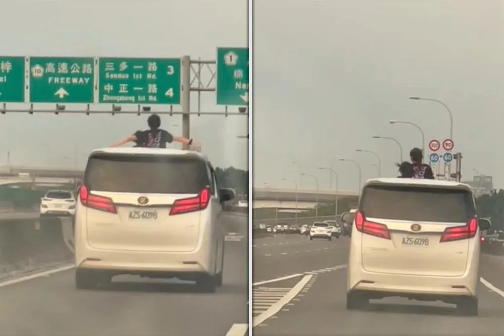 看傻！2幼童探出車頂天窗　在國道擺「鐵達尼號」姿勢玩命兜風