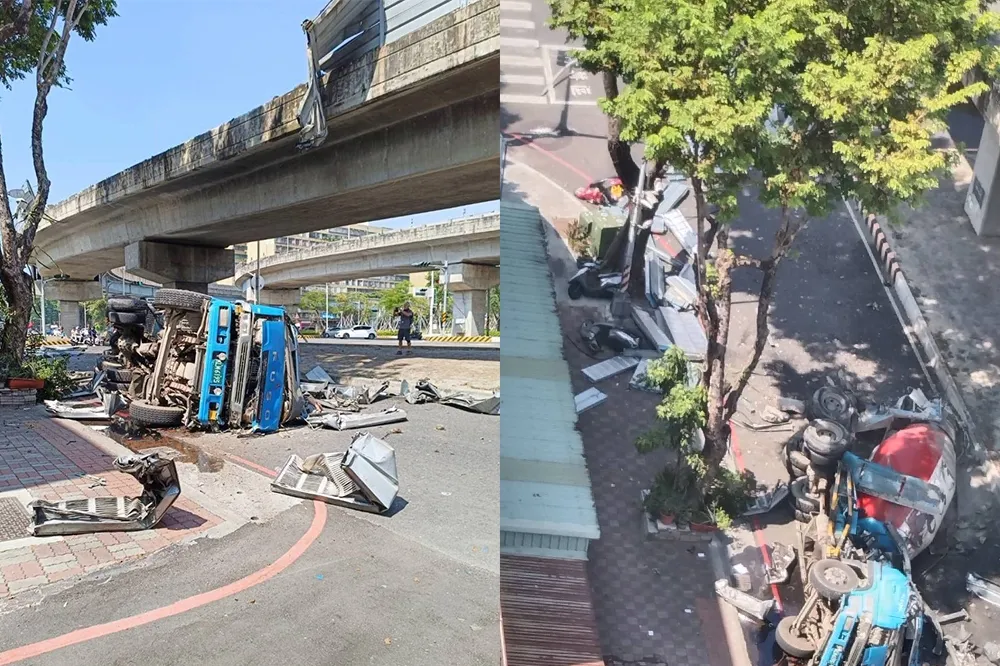 水泥車衝破護欄墜落高架橋翻覆　司機命危、路人祖孫遭波及
