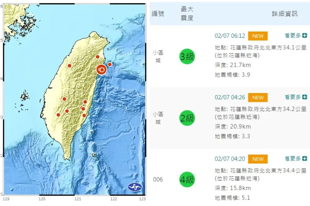 花蓮近海清晨連3震　最大芮氏規模5.1極淺地震