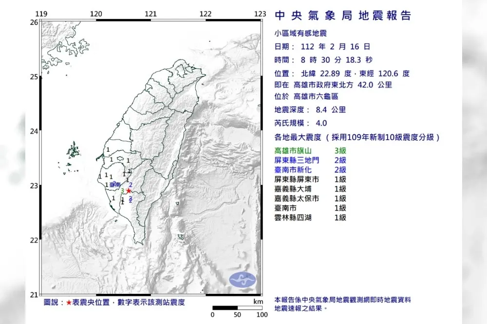 高雄發生規模4.0極淺層地震　雲林以南有感