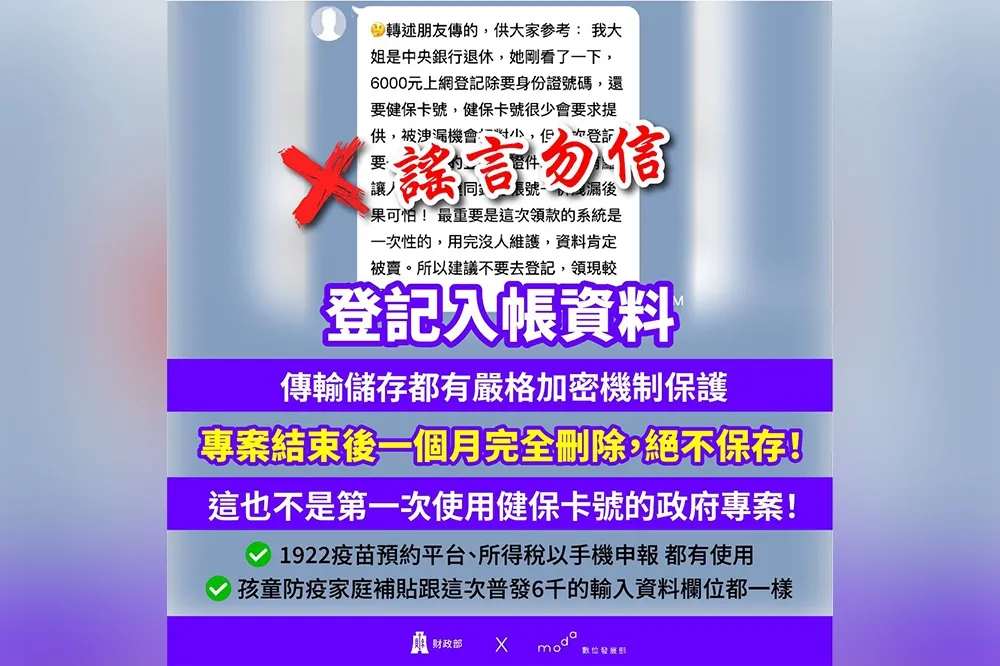 LINE瘋傳「登記入帳」領6000個資將外洩　數位部急闢謠