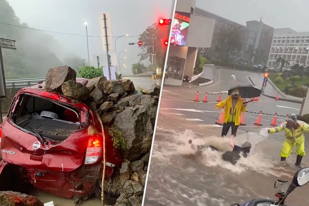 【慘摔片】大雨來襲！弘光女大生校門口遭「滑水道」沖走5公尺　苗栗落石砸中車