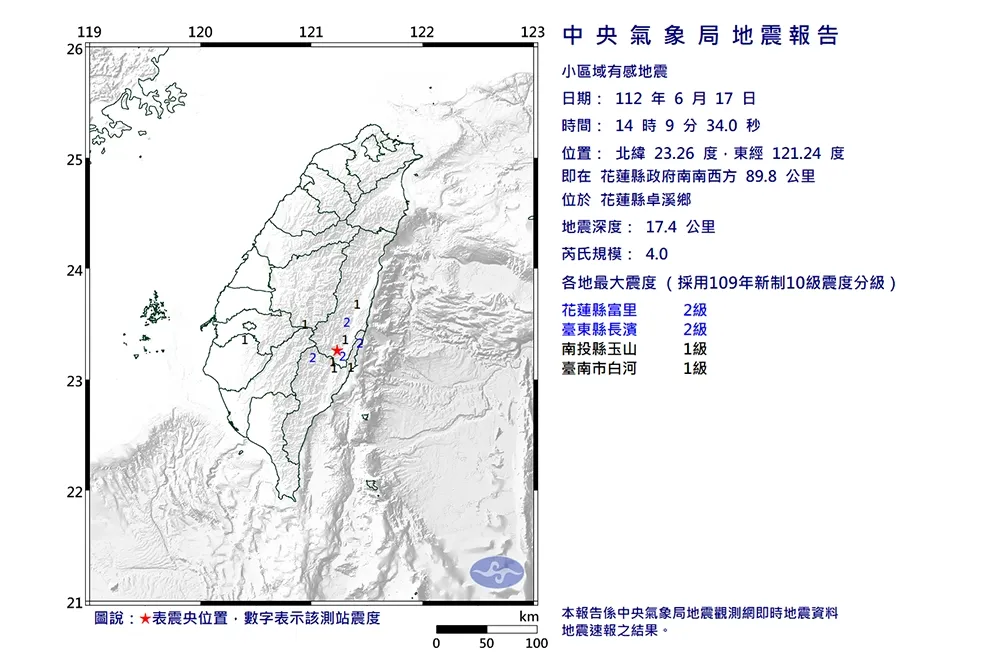 地牛翻身！花蓮卓溪鄉14:09規模4.0地震　4縣市有感