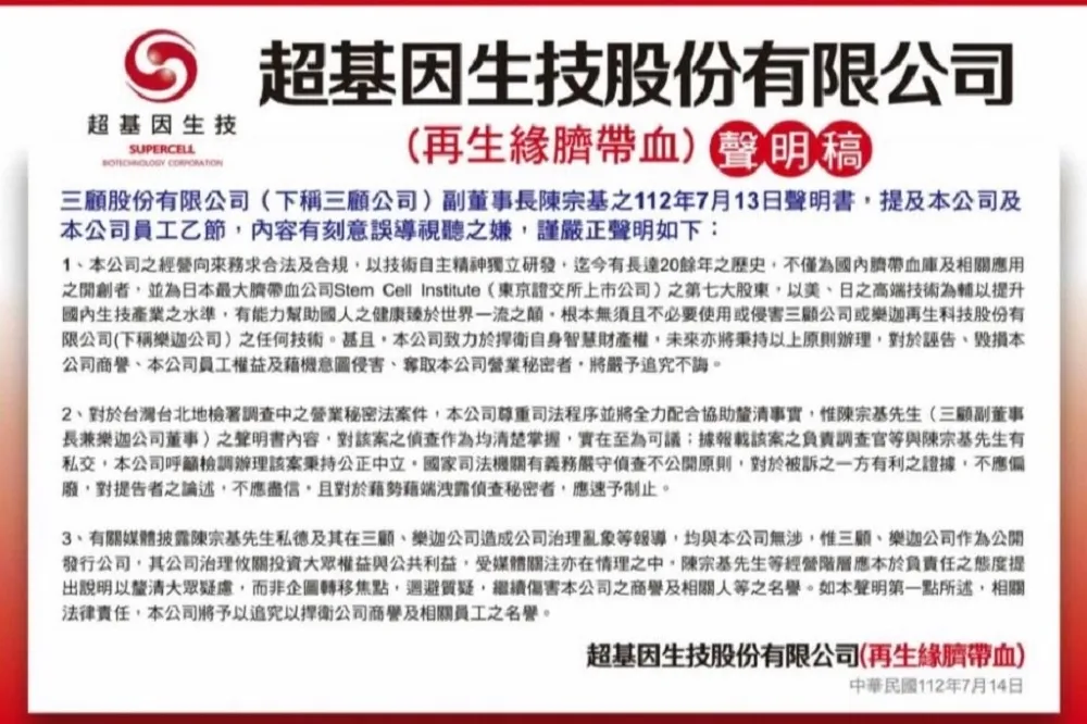 超基因：技術差很大　沒有竊取三顧秘密的理由