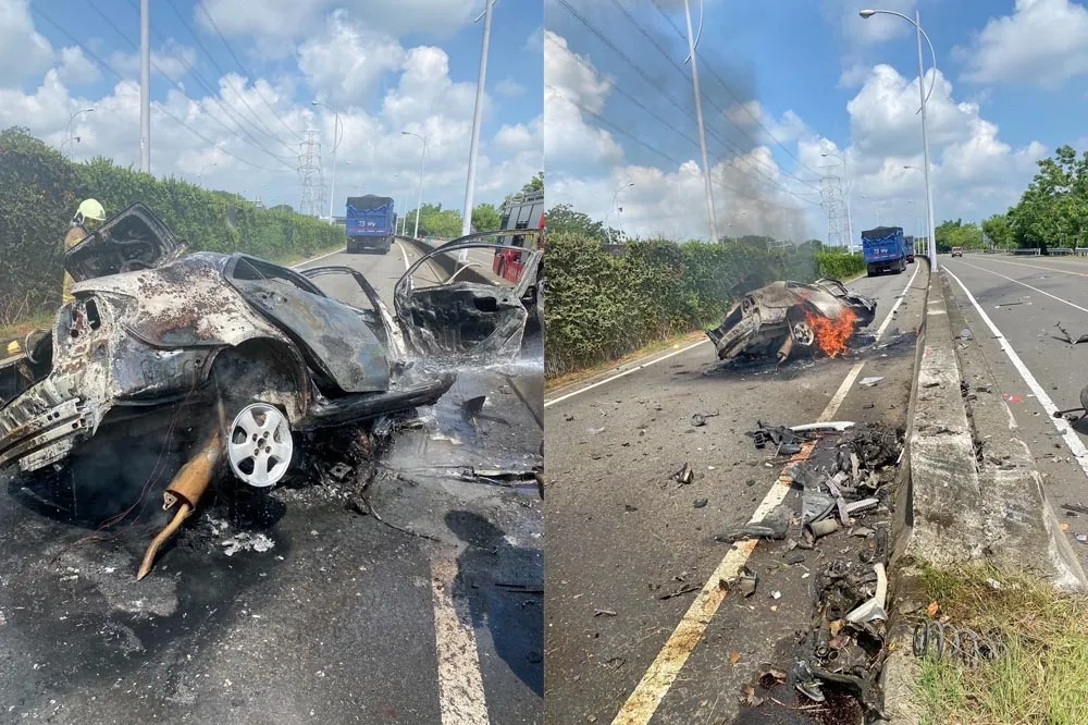 台南轎車失控撞護欄起火　車內2人燒成焦屍