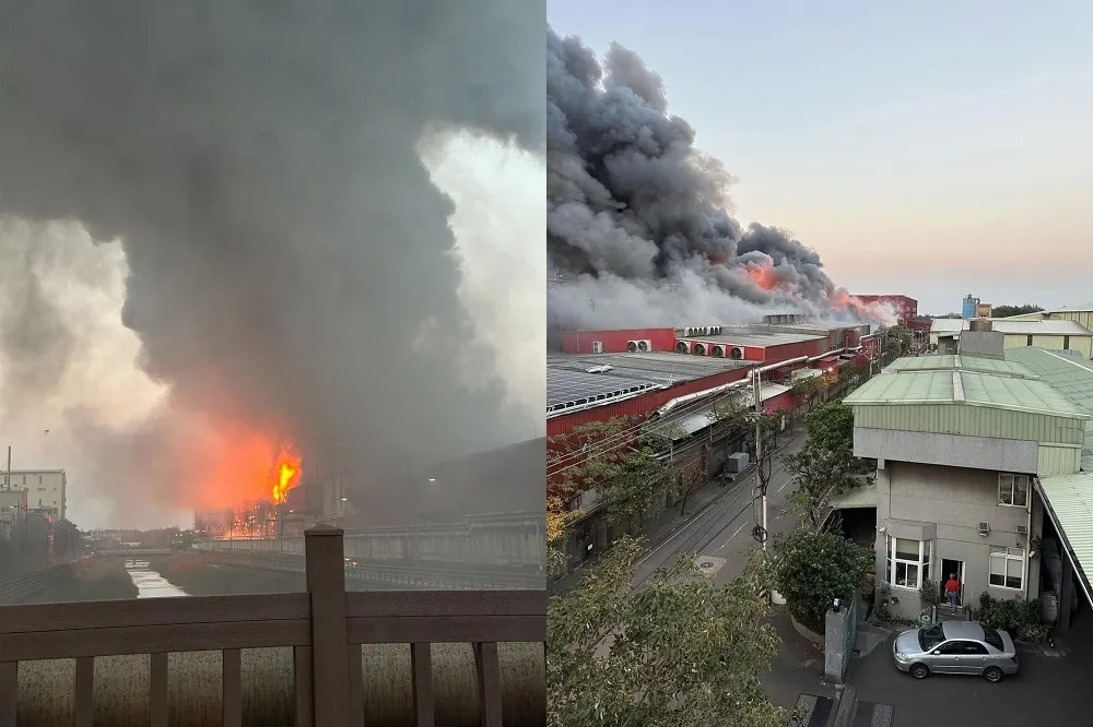桃市觀音區錦美紙業工廠大火　廠區一片火海濃煙竄燒猛烈