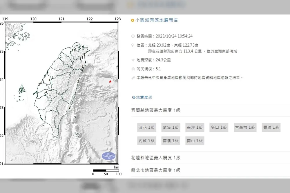 【快訊】東部海域又震！10:54發生規模5.2地震　宜花東、新北、中彰投有感
